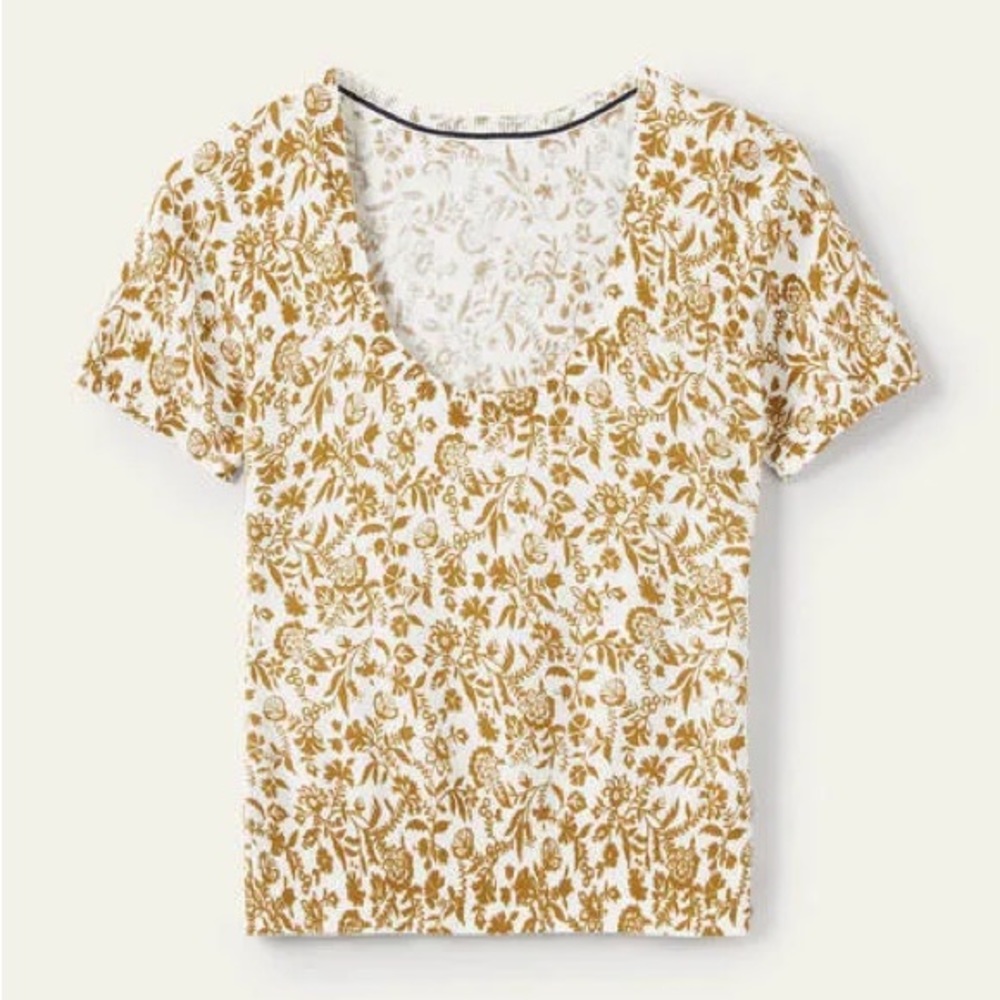 Boden White & Gold Floral Short Sleeve Top - Size 16